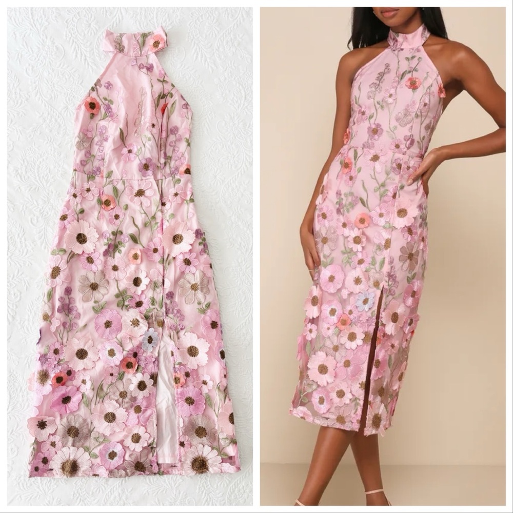 NWOT Lulus Unique Impression Pink 3D Floral Embroidered Halter Midi Dress Small